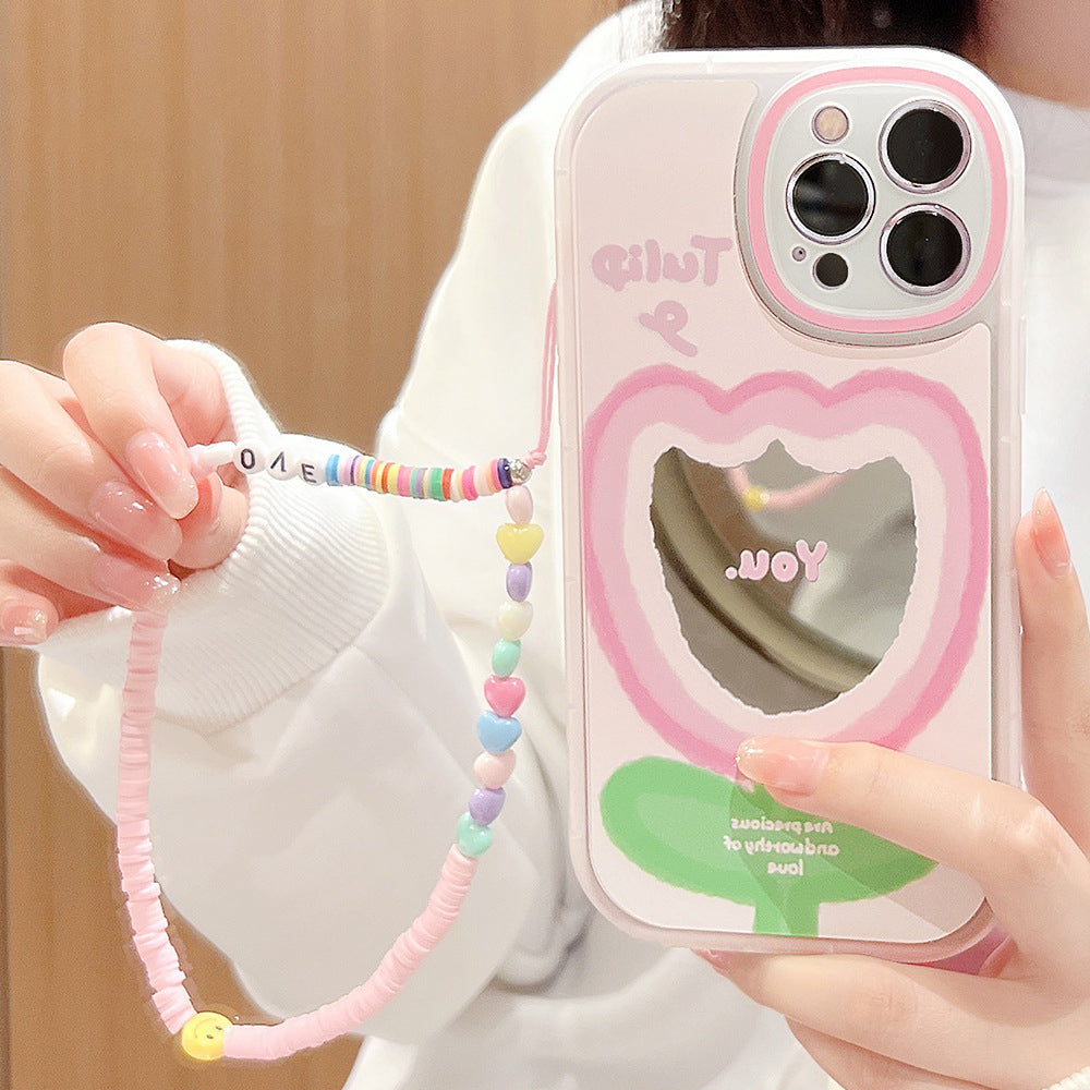 For iPhone 13 Pro TPU Cover Gradient Pink Flower Pattern Mirror Design Phone Case with Wrist Strap For iPhone 13 Pro TPU Cover Gradient Pink Flower Pattern Mirror Design Phone Case with Wrist Strap